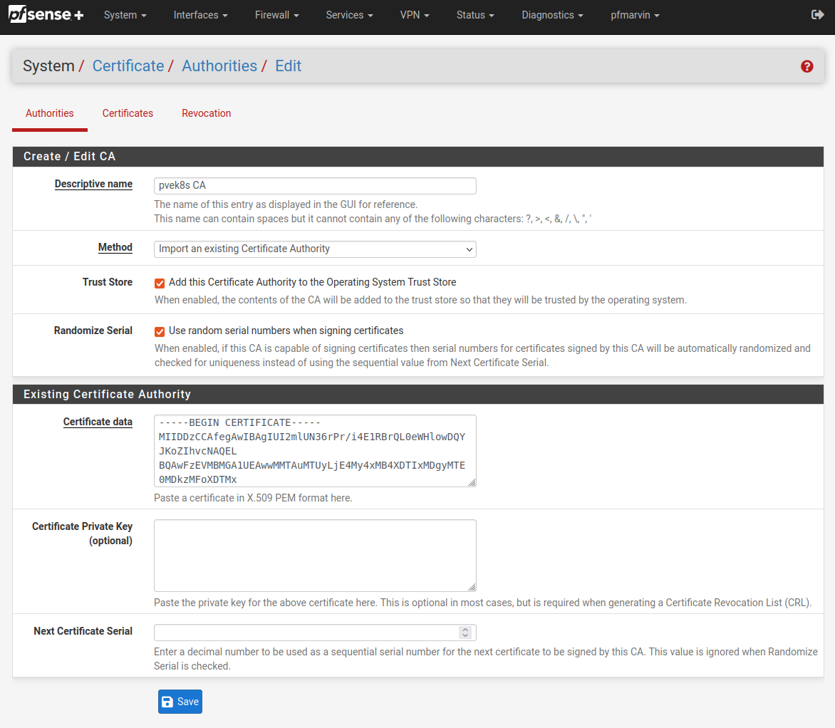 Importing the microk8s CA to pfSense