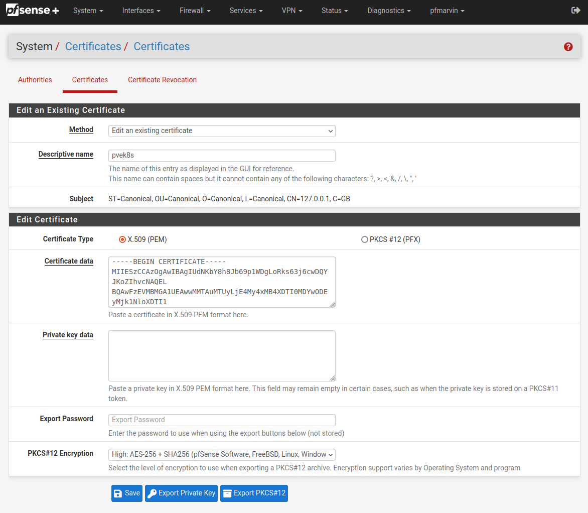 Importing the microk8s certificate to pfSense